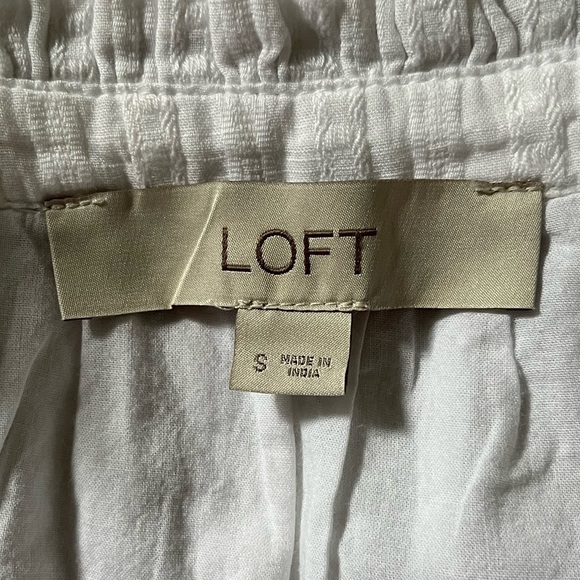 Loft 100% Cotton White Sleeveless Ruffle Pintriped Tiered 1/2 Button Up Dress S - Picture 6 of 10